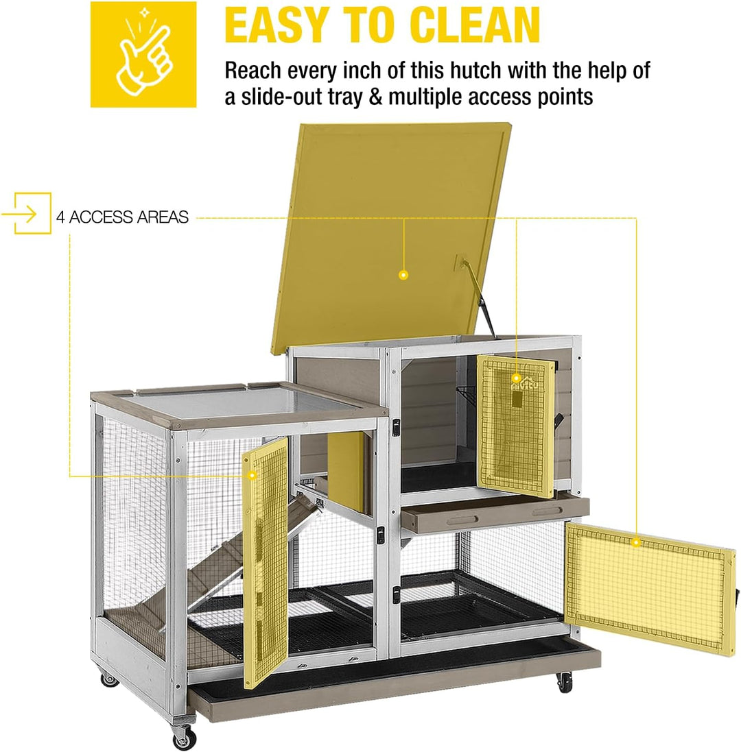 MEDEHOO Indoor Outdoor Rabbit Hutch, Bunny Cage on Wheels with 2 Deep No Leakage Pull Out Trays (Mocha Color) AIR36-U-WM