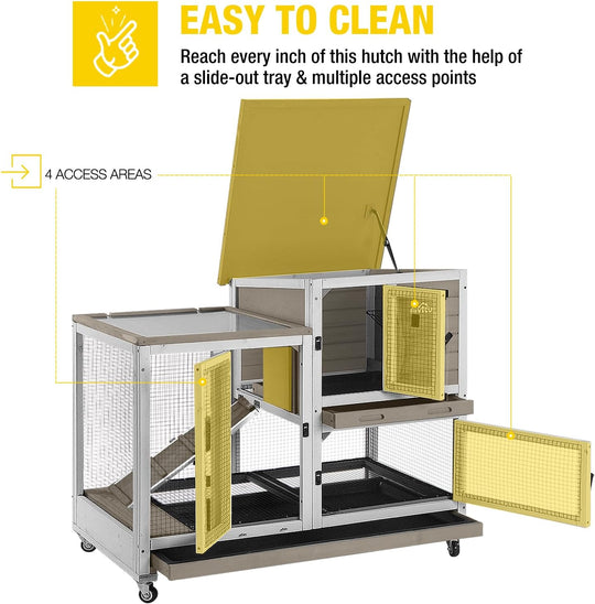 MEDEHOO Indoor Outdoor Rabbit Hutch, Bunny Cage on Wheels with 2 Deep No Leakage Pull Out Trays (Mocha Color) AIR36-U-WM