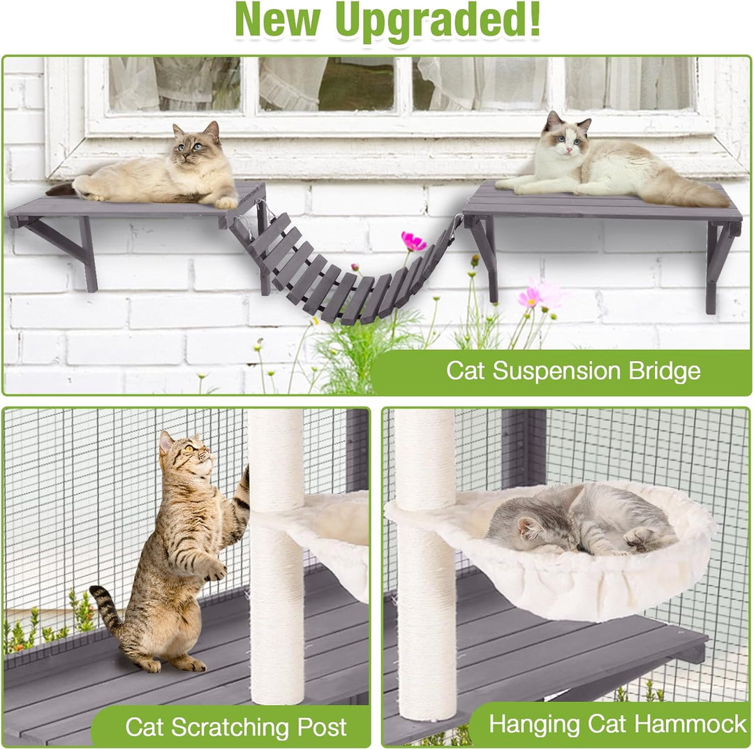 MEDEHOO Extra-Large Catio, 104" Wall-Mounted Outdoor Cat Enclosure - Cat Cage Window Box Walk-in Cat Kennel Shelter with Weatherproof Roof, 2 Scratching Posts, 2 Hammocks &amp; Bridge for 6-8 Cats