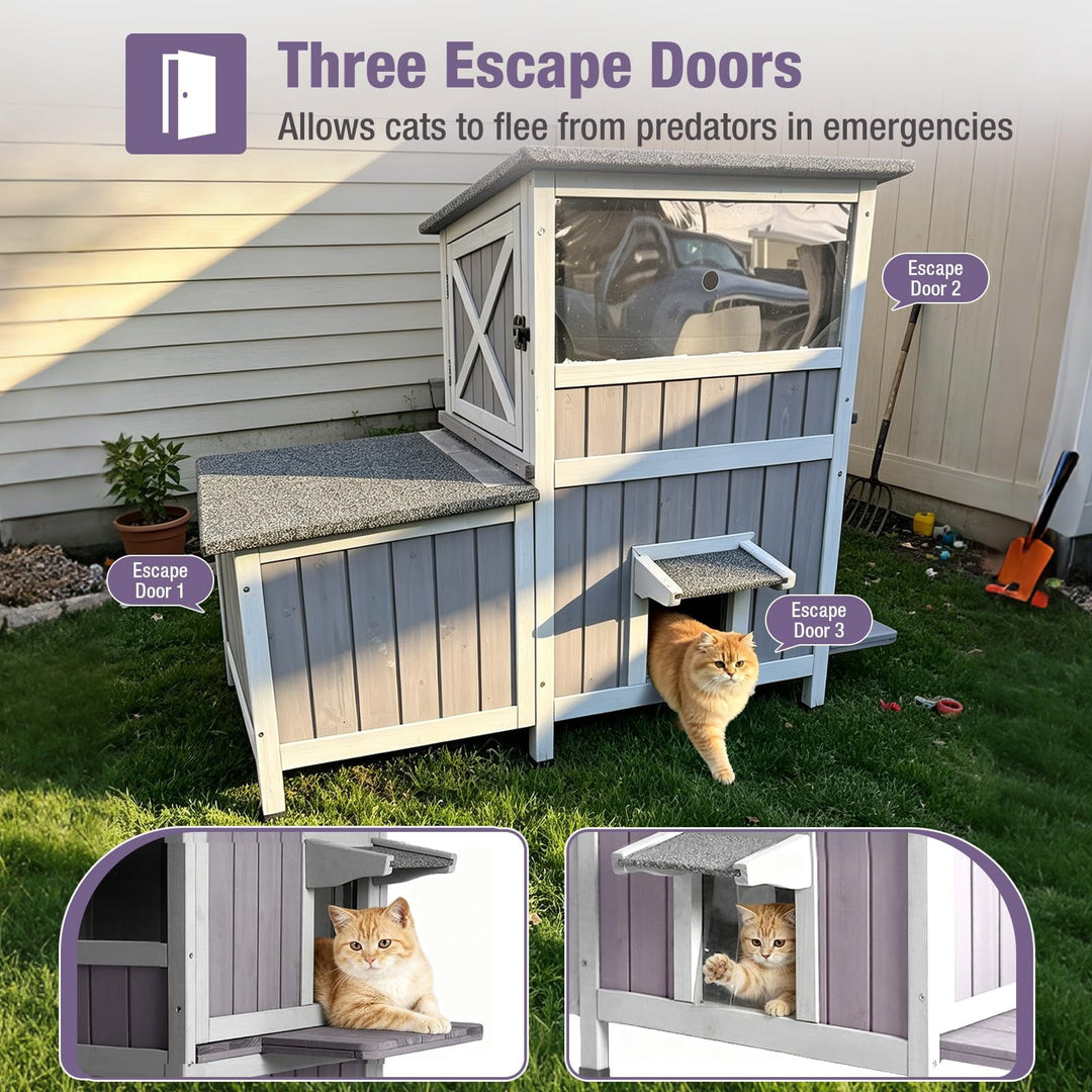 MEDEHOO Outdoor Cat House for Winter, 2-Story Wooden Feral Cat Shelter with Waterproof Roof Escape Door and Elevated Base to Keep Multiple Cats Warm