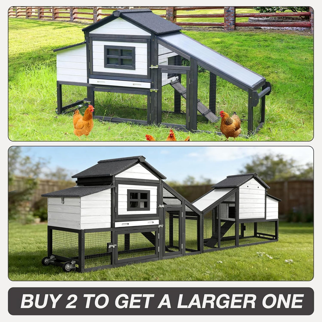 MEDEHOO Chicken Coop Expandable Chicken House for Outdoor with Wheels Nesting Box, Leakproof Pull-on Tray, and UV-Resistant Roof Panel - Black&amp;White