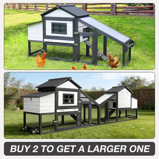 MEDEHOO Chicken Coop Expandable Chicken House for Outdoor with Wheels Nesting Box, Leakproof Pull-on Tray, and UV-Resistant Roof Panel - Black&amp;White
