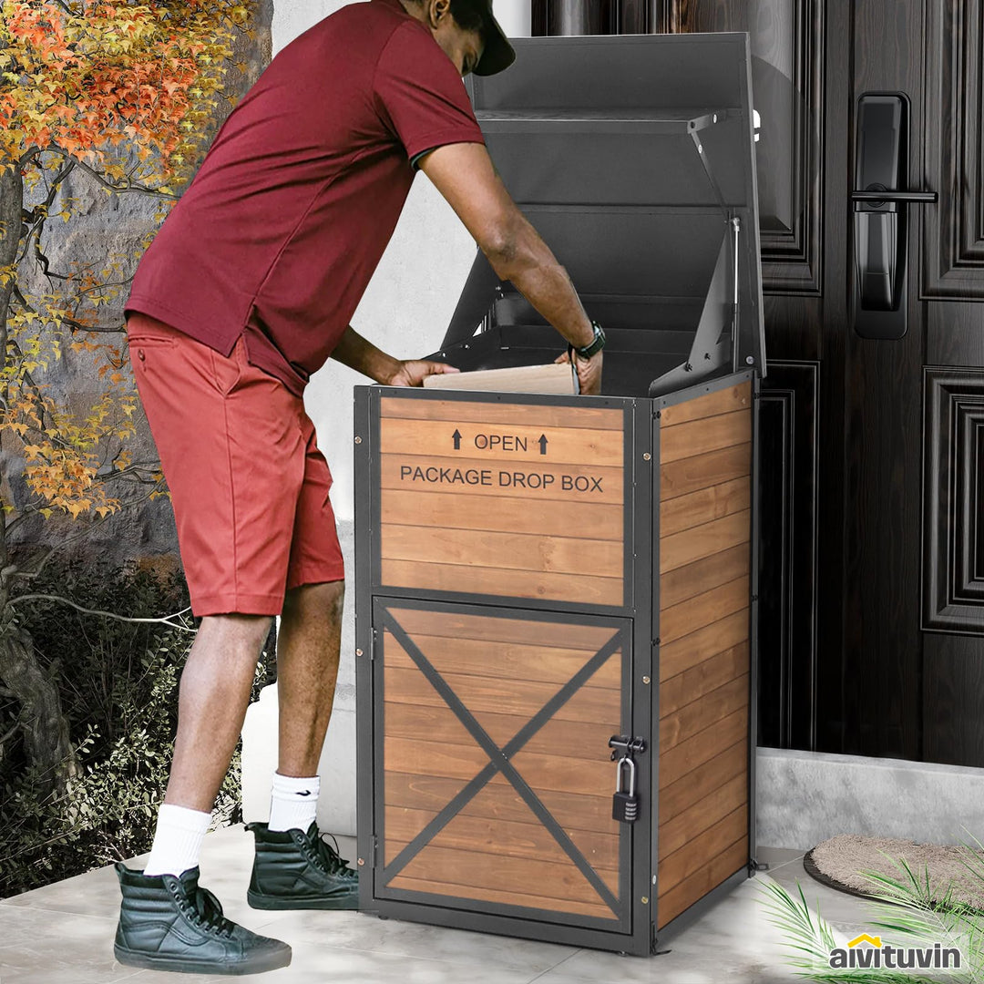 MEDEHOO Outside Package Delivery Box with Combination Lock, Heavy-Duty Wooden Parcel Drop Box with Iron Frame, Weatherproof Secure Contactless Courier Mailbox, Natural Fir Wood