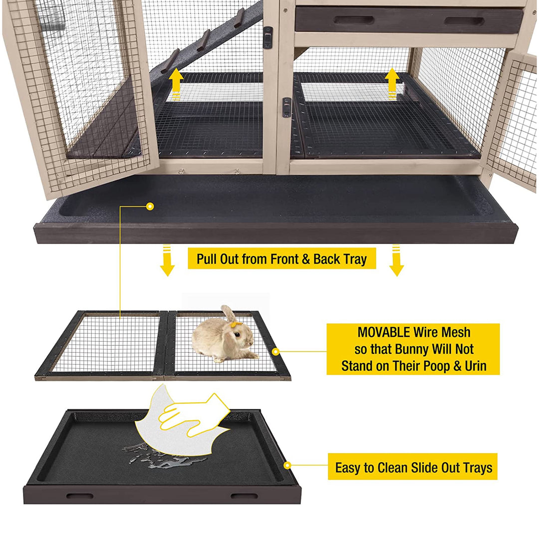 MEDEHOO Wooden Rabbit Hutch with Two Slide Tray Outdoor Bunny Cage Indoor Guinea Pig Habitat - Coffee