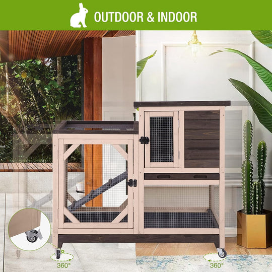 BUTINGLALE Indoor Outdoor Rabbit Hutch, Bunny Cage on Wheels with 2 Deep No Leakage Pull Out Trays (Without Bottom Wire Mesh-Coffee) XZ7001-2