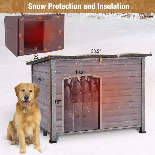 43.3" Large Dog House for Winter with Insulated Liner Outdoor Puppy Shelter with Anti-Bite Iron Frame