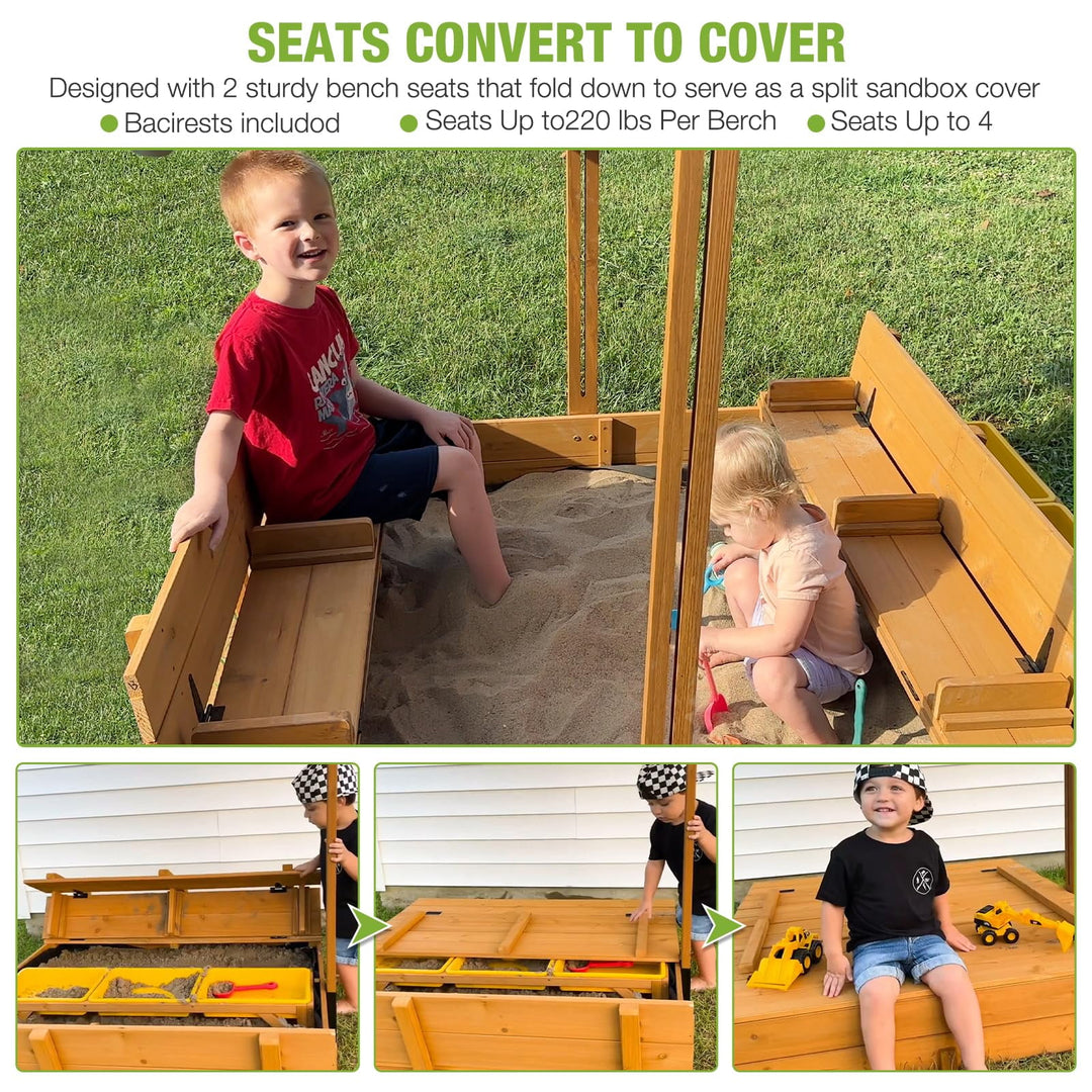 Sandbox with Lid and Cover for Kids Outdoor Sand Box with 3 Toy Bins, 2 Foldable Bench Seats, Adjustable Canopy and Sand Protection Liner, 47.2" L x 47.2" W x 51.9" H GUT08-N