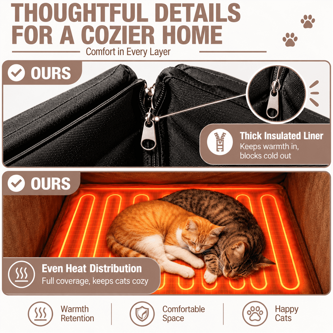 MEDEHOO Heated Cat House with Insulated Liner for Outdoor Cats Weatherproof Feral Cat Shelter for Winter, Brown AIR91-WBR-HP-N-WM