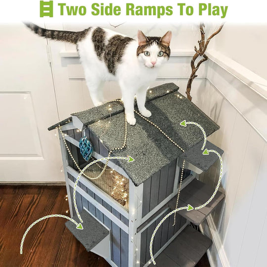 MEDEHOO 2-Story Outdoor Cat House, Insulated Weatherproof Feral Shelter with Openable Roof &amp; Acrylic Window