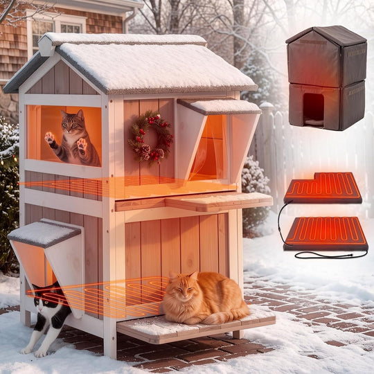 MEDEHOO Heated Outdoor Cat House for Outside Weatherproof Feral Cat Shelter for Winter with Heater and Insulated Liner Two Story, Brown GUT94-WBR-HP-WM