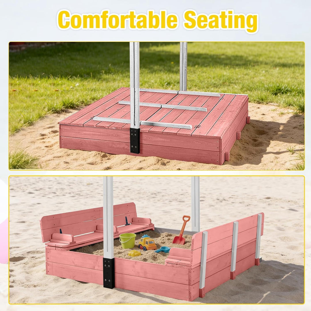 MEDEHOO Sandbox with Cover,Large Wooden Sand Box with lids Foldable Beench Seats,Sand Boxes for Backyard Garden, Beach Patio Outdoor GUT05-P-A12-WM2