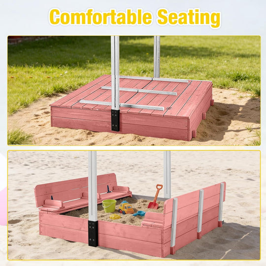 MEDEHOO Sandbox with Cover,Large Wooden Sand Box with lids Foldable Beench Seats,Sand Boxes for Backyard Garden, Beach Patio Outdoor GUT05-P-A12-WM2