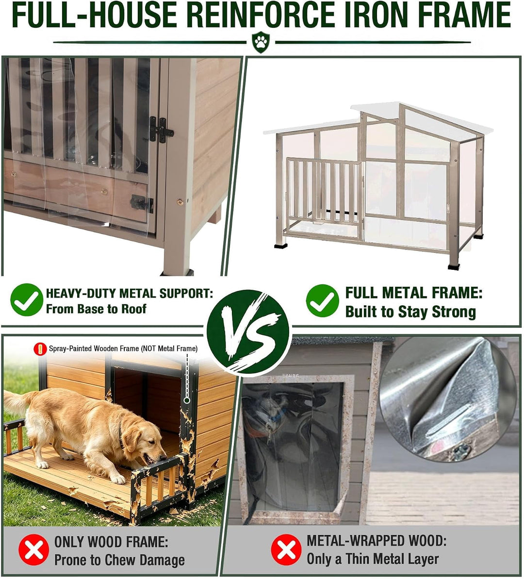 MEDEHOO Heated Dog House Outdoor with Iron Frame and Rotating Bowls Brown reinforced iron frame, safety heating pad, insulated liner, 360° rotating bowls, asphlat waterproof roof, PVC curtain