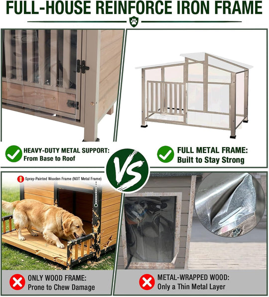 MEDEHOO Heated Dog House Outdoor with Iron Frame and Rotating Bowls Brown reinforced iron frame, safety heating pad, insulated liner, 360° rotating bowls, asphlat waterproof roof, PVC curtain