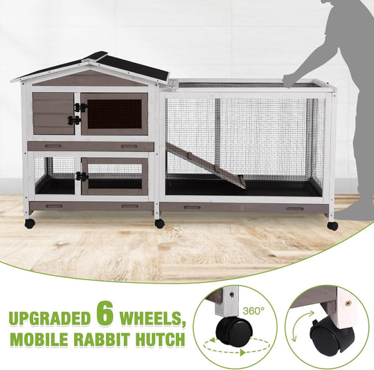 MEDEHOO Rabbit Cage Indoor Bunny Hutch with Chew-Proof Ramp - 2 Story Guinea Pig Cages Outdoor with 6 Wheels, Leakproof Pull-Out Tray for Rabbits, Guinea Pigs (Brown) AIR19-B-MC-WM