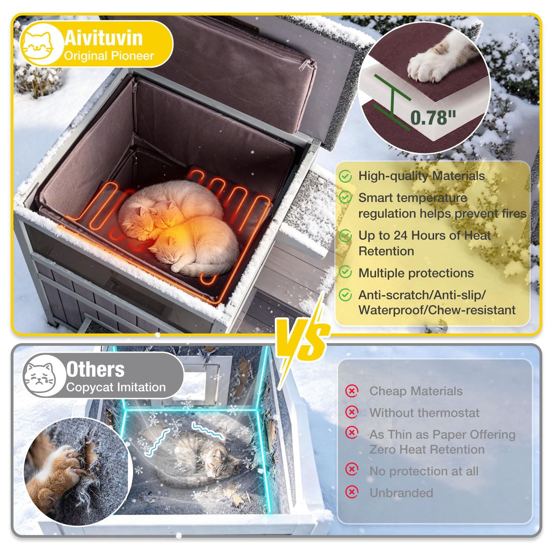 MEDEHOO Larger 2-Story Heated Cat House for Outside Waterproof Cat Shelter with Insulated Liner Keep Warm in Winter Indoor Cat Cage with Waterproof Roof,Heated Pad Include