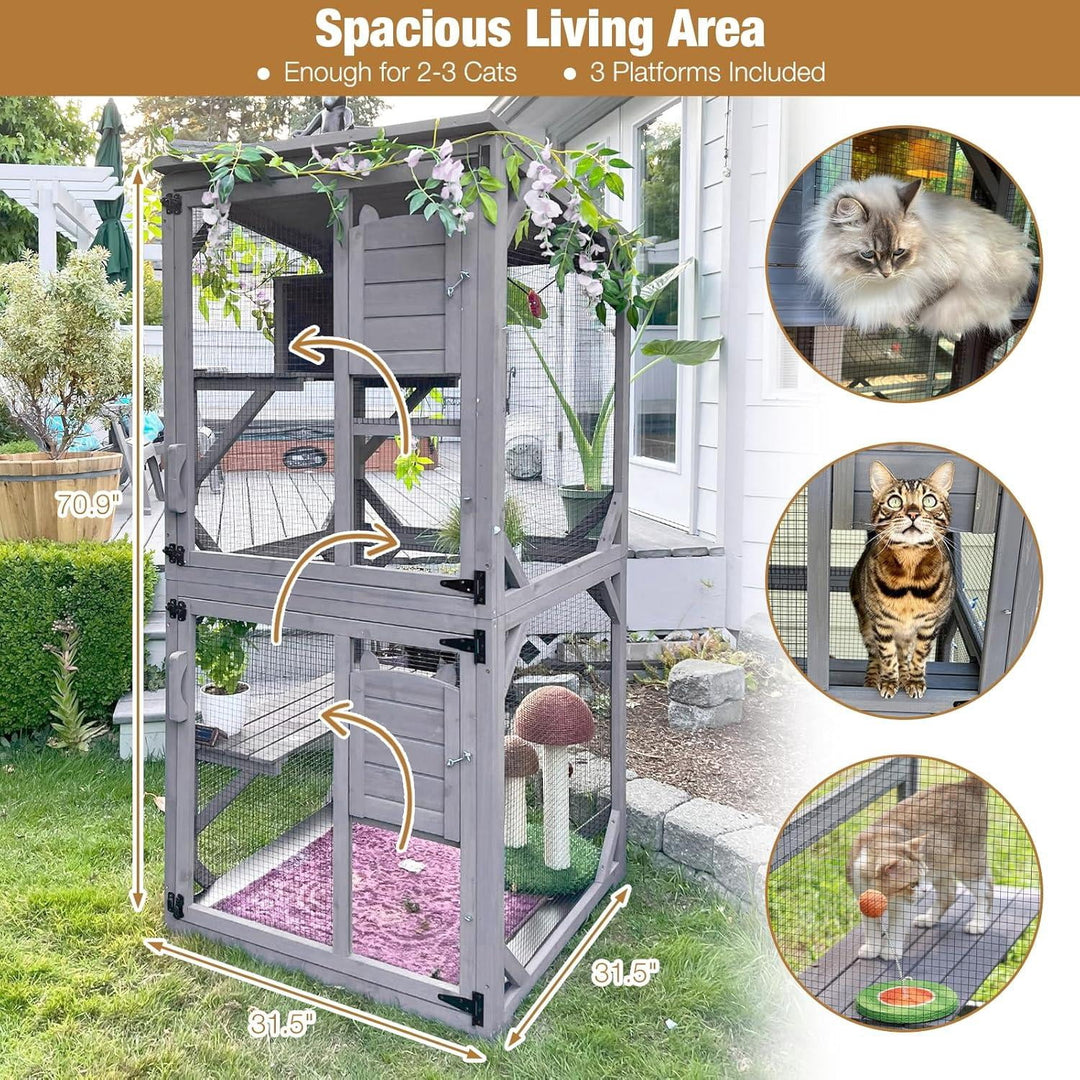 MEDEHOO 71 " Outdoor Catio Cat Enclosure , Kitty House Indoor with Perches and Condos Large Cat Shelter -Waterproof Catio Shelter with Wheels SKY22