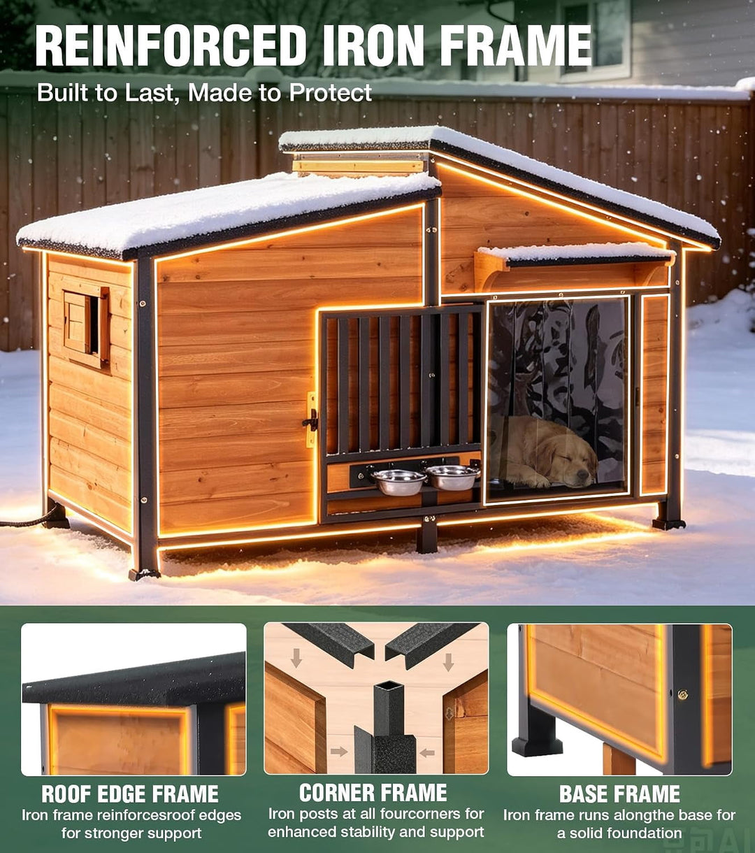 MEDEHOO 60" Heated Dog House for Outdoor Large Dogs with Heavy-Duty Steel Frame, 6-Sided Insulation for Outdoor Use Brown AIR7021-LY-HP-N-WM
