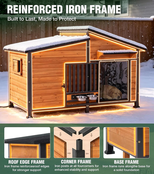 MEDEHOO 60" Heated Dog House for Outdoor Large Dogs with Heavy-Duty Steel Frame, 6-Sided Insulation for Outdoor Use Brown AIR7021-LY-HP-N-WM