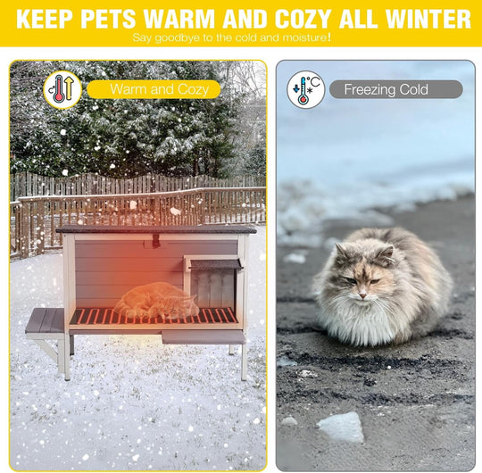 MEDEHOO Heated Outdoor Cat House with Heating Pad, Insulated Liner, Escape Door, 33.5" Large Weatherproof Feral Stray Cat Shelter for Outside Winter AIR91-HP-A11-WM