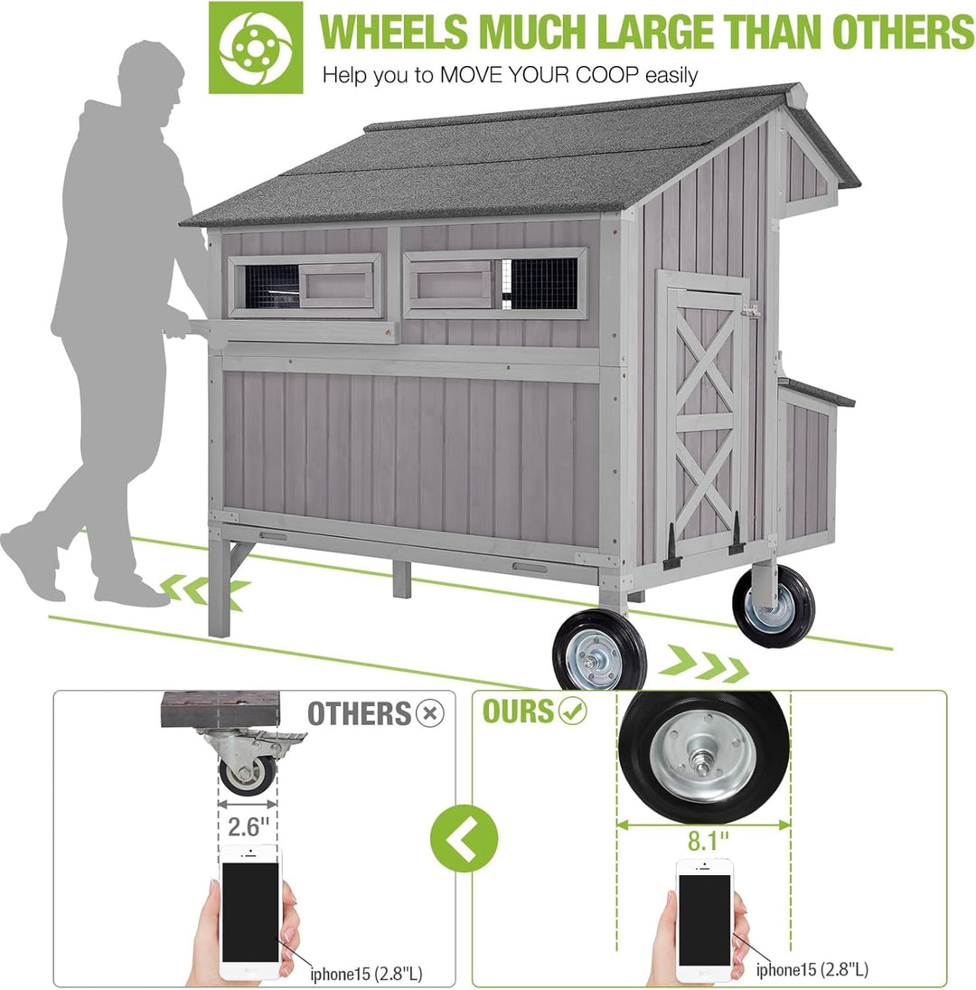BUTINGLALE Chicken Coop Mobile Duck Coop with Super Large Wheels Durable Hen House 48.6" Outdoor Rabbit Hutch with Nesting Box for 3-6 Chickens AIR96-N
