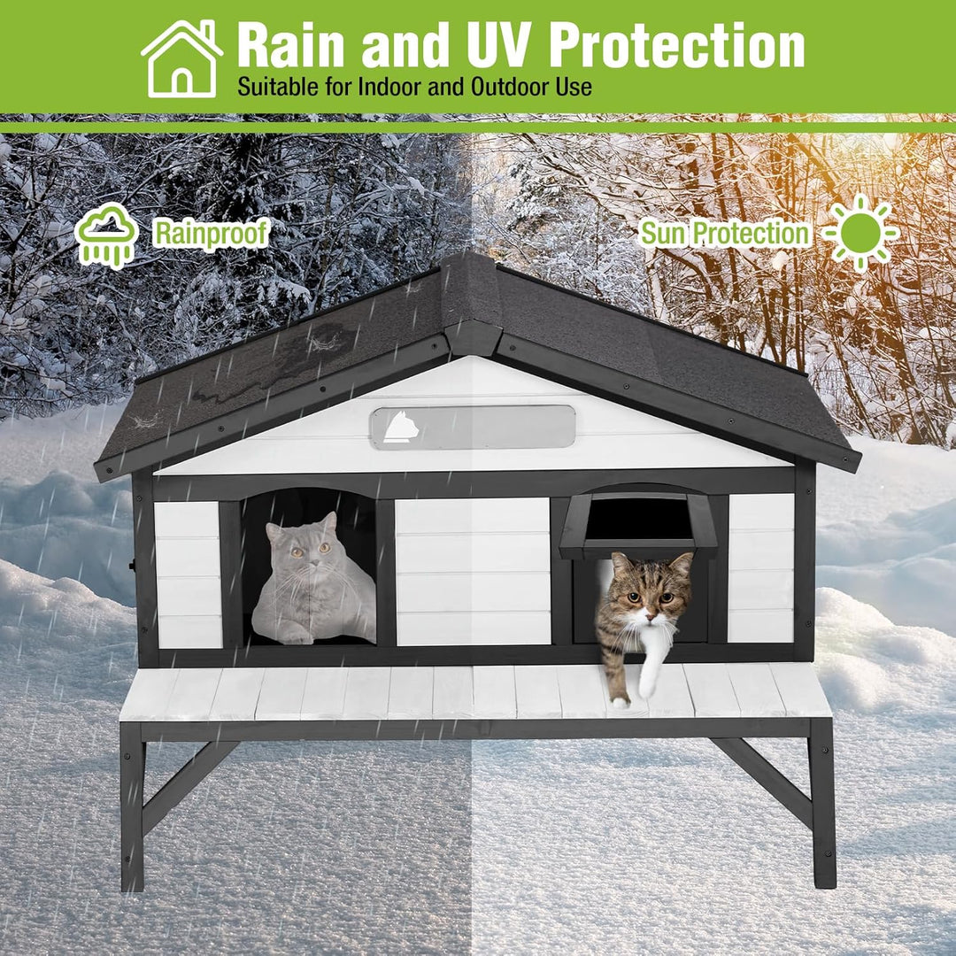 MEDEHOO Heated Cat House for Outside, Outdoor Cat House Weatherproof Insulated Feral Cat Shelter with Anti-Chewing Electric Heating Pad, Elevated Base &amp; DIY Nameplate, 43.5" L(Black and White) AIR92-B-HP-AD-WM