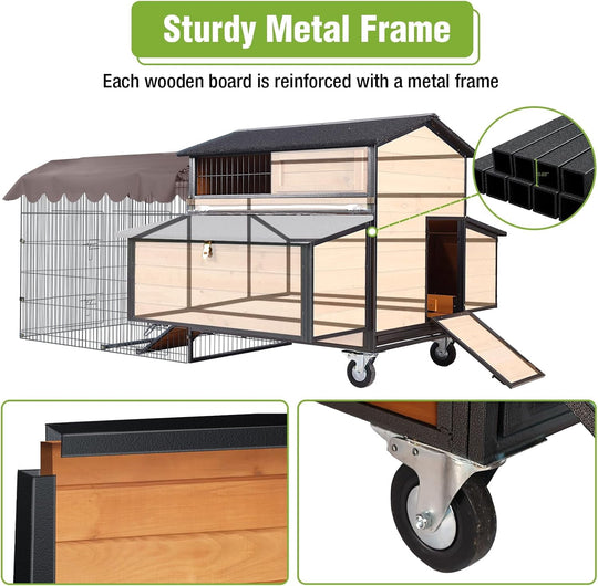 MEDEHOO Mobile Chicken Coop with All-Around Metal Frame, 76.7" Large Chicken Coops with Super Large Wheels, Outdoor Poultry Cage Hen House with Metal Run for 6-8 Chickens AIR7019-MB-WM