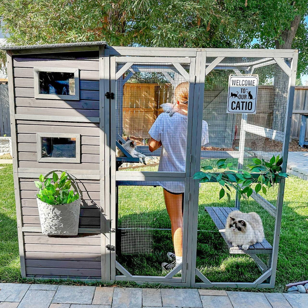 77" Large Catio Outdoor Cat Enclosure, 4 Tiers Cat House for Outdoor Indoor with Weatherproof Roof, 3 Resting Rooms, 3 Platforms, 5 Windows, Gray