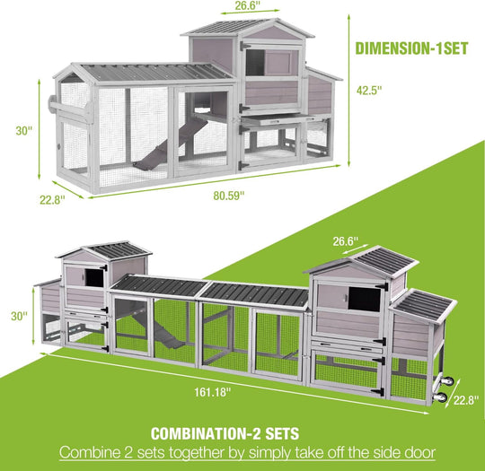 MEDEHOO Chicken Coop 80in Mobile Chicken House with Run Portable Wooden Poultry Cage with Nesting Box Rabbit Hutch on Wheels,Movable AIR61-J-WM