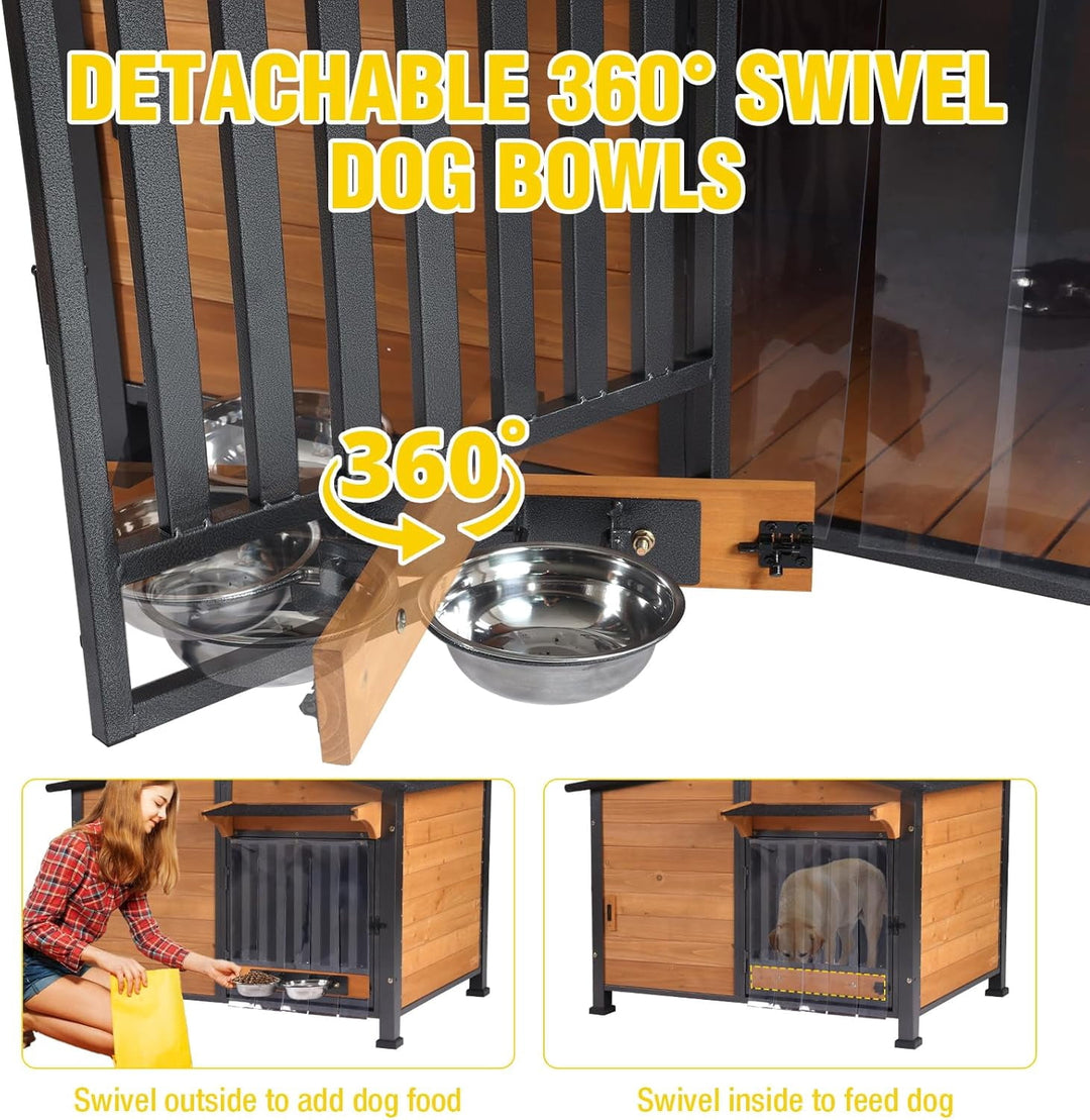 Dog House with Anti-Chewing Metal Frame Design Wooden Dog Kennel with Unique Design Roof, Weatherproof Dog House for Indoor &amp; Outdoor Use (Wood, L)