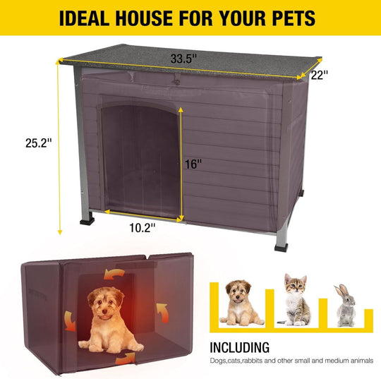 MEDEHOO Insulated Dog House with Liner for Outdoor Winter Weatherproof Wooden Dog Kennel All-Around Iron Frame