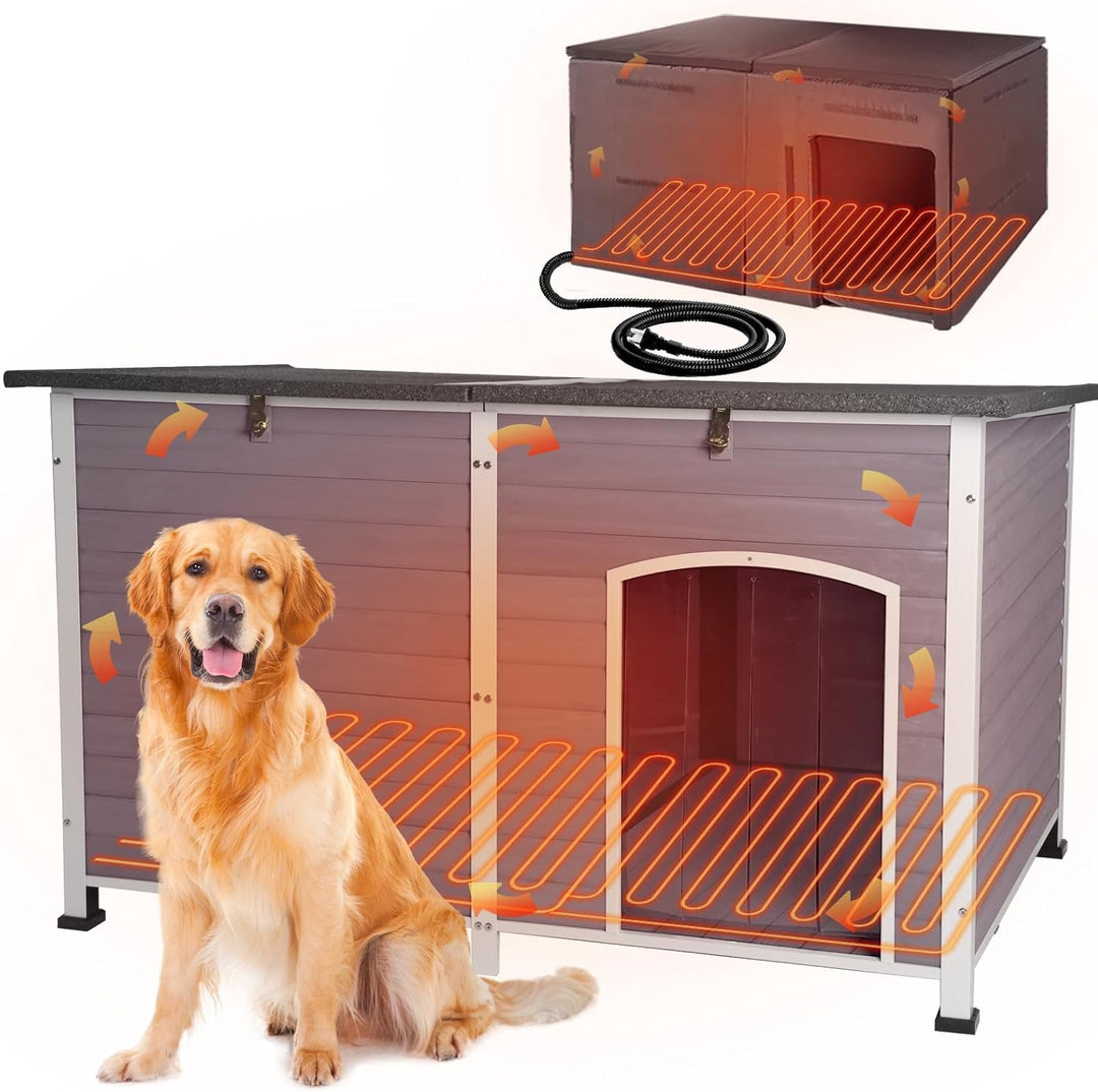 MEDEHOO 59" H Heated Dog House Outdoor, XXL Insulated Kennel with Heater for Winter, Waterproof Iron Frame for Large Dogs AIR64-HP-WM