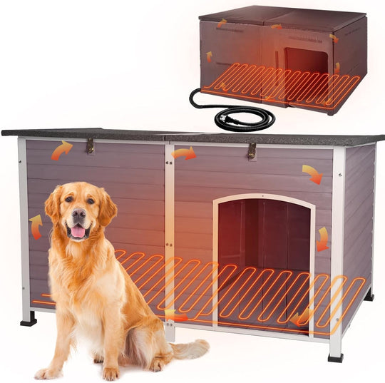 MEDEHOO 59" H Heated Dog House Outdoor, XXL Insulated Kennel with Heater for Winter, Waterproof Iron Frame for Large Dogs AIR64-HP-WM