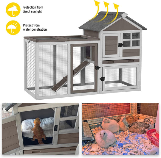 MEDEHOO Rabbit Hutch Indoor Bunny Cage Outdoor with Run Chicken Coop Guinea Pig House with Waterproof Asphalt Roof,No Leakage Pull Out Tray