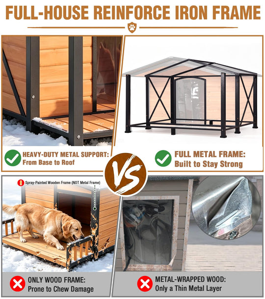 MEDEHOO Extra Large XXL Heated Dog House Outdoor with Full Iron Frame and Porch Waterproof Heated Pad Insulated Liner Outdoor Weatherproof Kennel All-Around Iron Frame