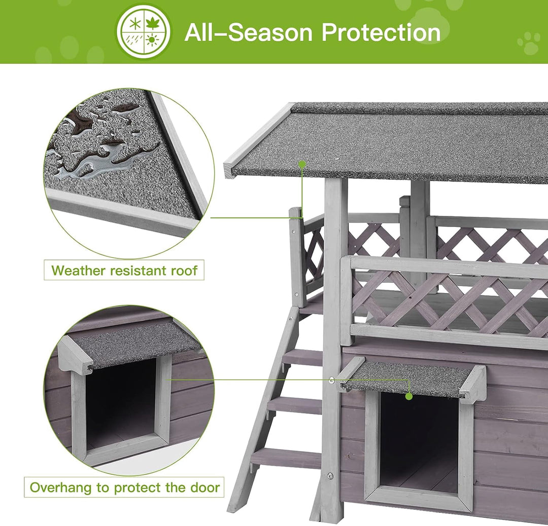 MEDEHOO Cat House with Door for Feral Cats, Rainproof Outside Kitty House, 2 Story Wooden Kitten Condo with Stairs AIR09-BS-WM2