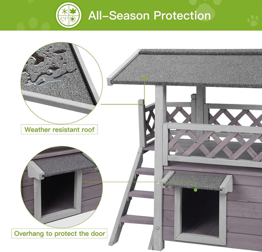 MEDEHOO Cat House with Door for Feral Cats, Rainproof Outside Kitty House, 2 Story Wooden Kitten Condo with Stairs AIR09-BS-WM2