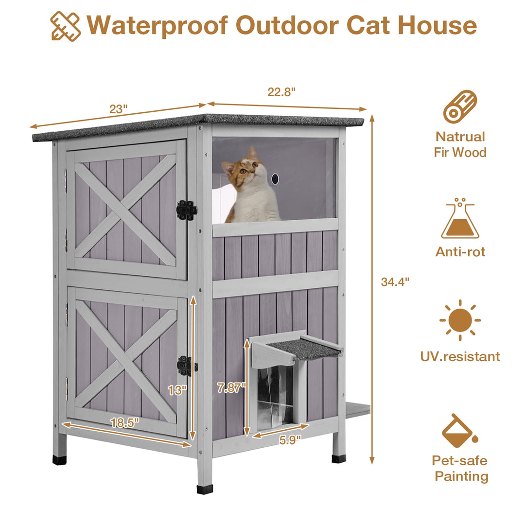 Outdoor Cat House 2-Story Feral Animals Shelter Cat Enclosure with Window &amp; Waterproof Roof BSR144