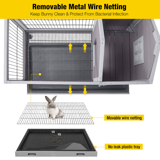 MEDEHOO Rabbit Hutch Indoor and Outdoor, Rabbit Cage with Removable Wire Netting and Leak Proof Tray, Mobile Bunny Cage with Wheels
