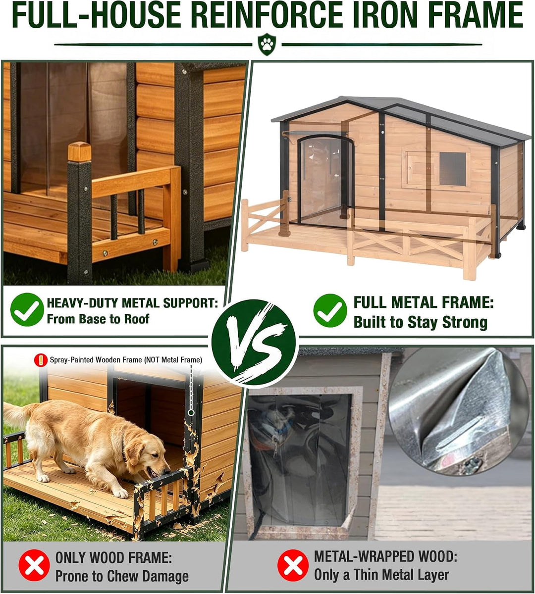 MEDEHOO Extra Large Heated Dog House for Outside with Iron Frame reinforced iron frame, safety heating pad, insulated liner, extra large size, asphlat roof, PVC curtain, proch