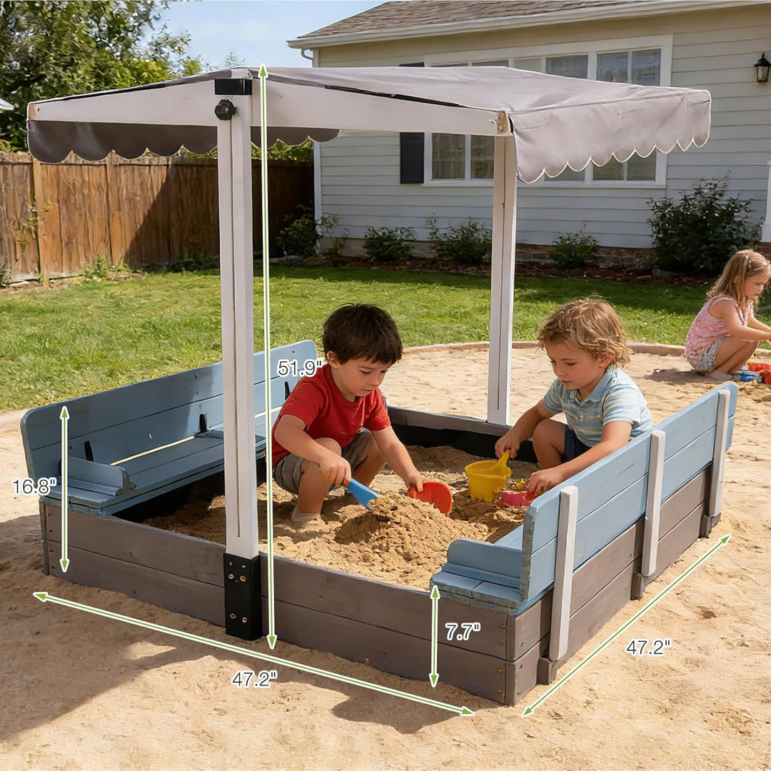 MEDEHOO Sandbox with Lid and Cover for Kids Outdoor with 2 Foldable Bench Seats, Adjustable Canopy and Sand Protection Liner, 47.2" L x 47.2" W x 51.9" H, (Blue) GUT05-B-MA-WM