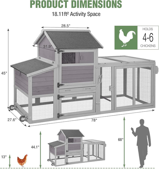 78" Mobile Chicken Coop with Wheels for 4-6 Chickens, Large Wooden Hen House Duck Cage with Run, Nesting Box, Pull-Out Tray, Waterproof Asphalt Roof Mark-AIR27-4