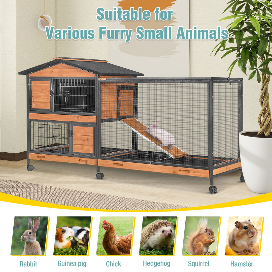 MEDEHOO 2-Story Rabbit Hutch with Chew-Proof Full Metal Frame for Indoor/Outdoor - 62" Bunny Cage with 6 Locking Casters &amp; 2 Pull-Out Trays for Rabbits, Guinea Pigs, Small Pets (Brown)
