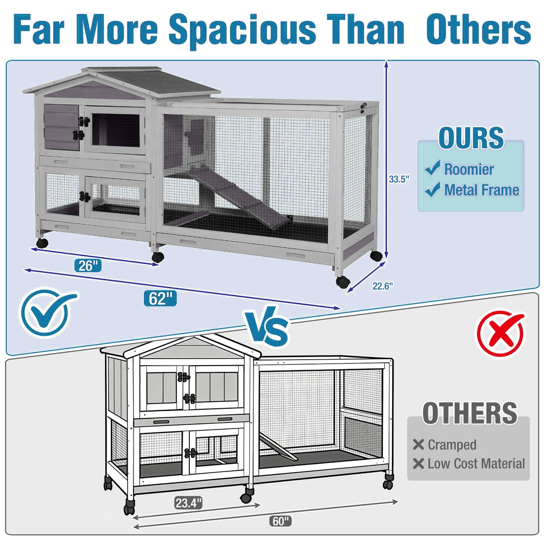 MEDEHOO Rabbit Hutch Indoor, 62’’ Bunny Hutch Outdoor, Mobile Rabbit House with Wheels, Wooden Bunny Cage with Leakproof Tray, Chew-Proof Ramp for Guinea Pig(Gray) AIR16-D11-WM
