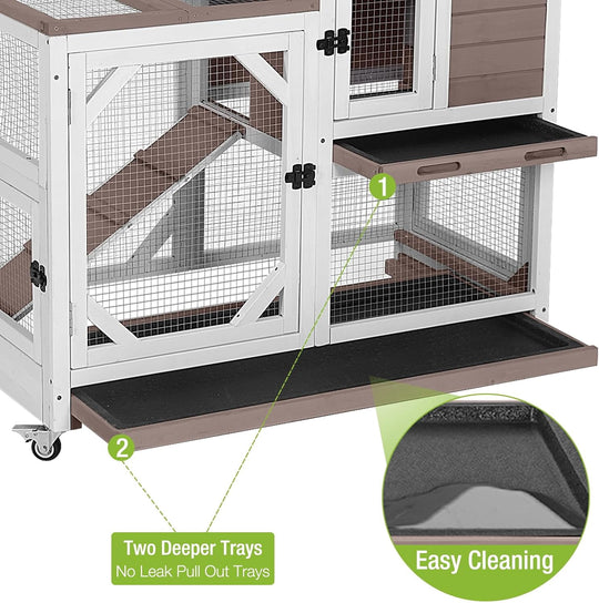 BUTINGLALE Rabbit Hutch Indoor Outdoor 2 Story Bunny House on Wheels Wood Rabbit Cage with 2 Pull Out Trays Guinea Pig Cage AIR7013-WM2
