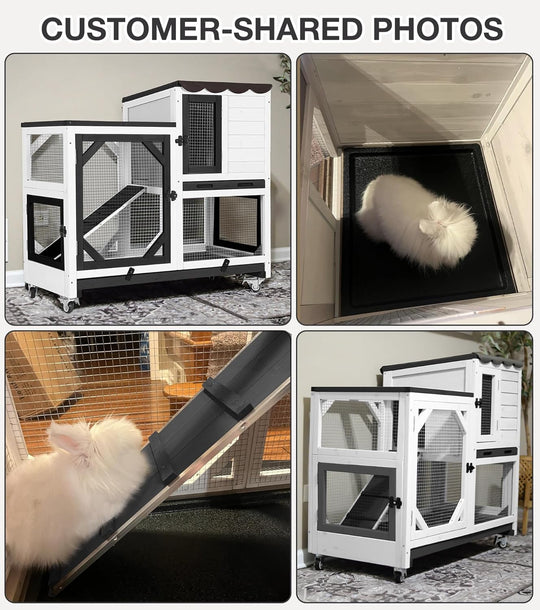 MEDEHOO Rabbit Hutch 2-Story Wooden Bunny Cage with 2 Leak-Proof Trays, Chew-Proof Metal Mesh Indoor &amp; Outdoor Guinea Pig House with Wheels - Black AIR7013-BW-AD-WM