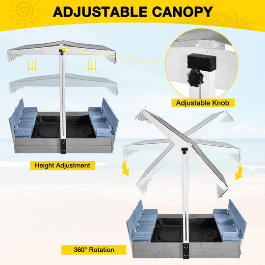 MEDEHOO Outdoor Sandbox with Cover &amp; Adjustable Canopy, Kids Sand Box with 2-IN-1 Foldable Seats, Blue