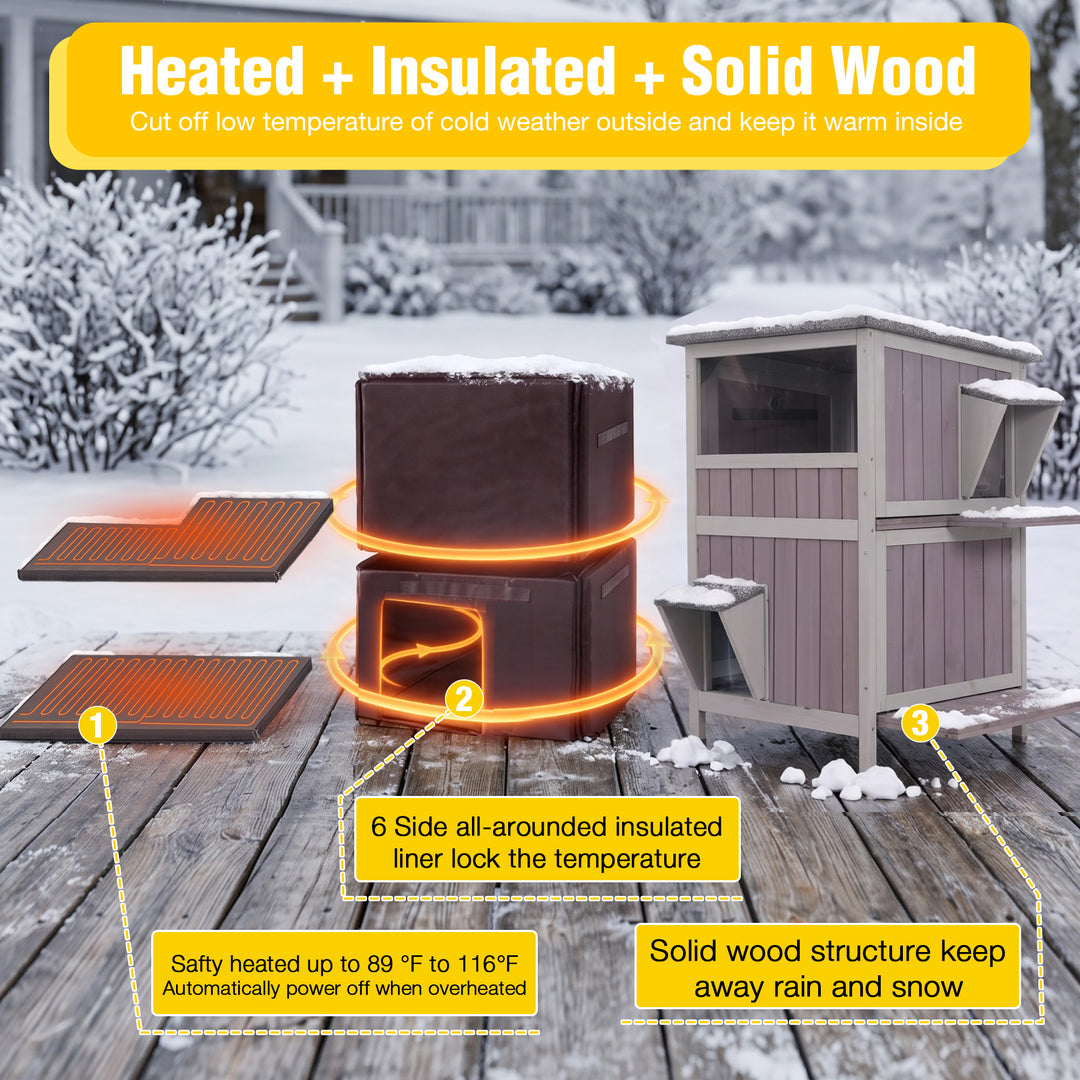MEDEHOO Heated Cat House with Heating Pad &amp; Insulated Liner for Winter with Heater and Insulated Liner Two Story AIR14-IN-HP-PD