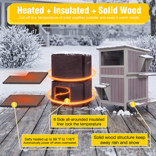 MEDEHOO Heated Cat House with Heating Pad &amp; Insulated Liner for Winter with Heater and Insulated Liner Two Story AIR14-IN-HP-PD