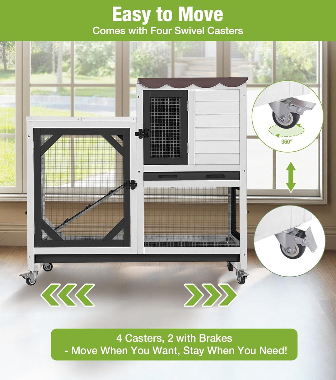 MEDEHOO Duplex Rabbit Hutch Indoor with Chew-Proof Frame &amp; 2 Leak-Proof Sliding Trays, Rain Cover, Wooden Guinea Pig Cages with Wheels - Black and White AIR7013-BW-2-AD-WM
